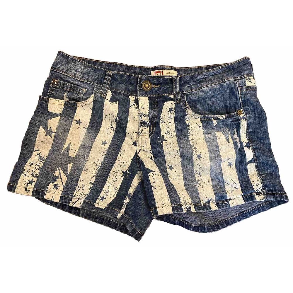 L. E.I. Starred Jean Shorts Ashley Low‎ Rise Patriotic Size 9 POCKETS Distressed